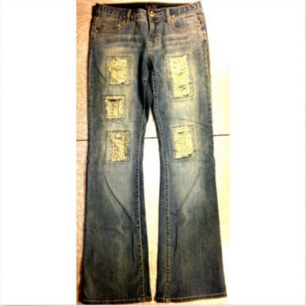 Cache Distressed Rhinestone Patches Bootcut Jeans - image 1